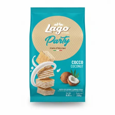 Front packaging of Lago Party wafer coconut cream flavour