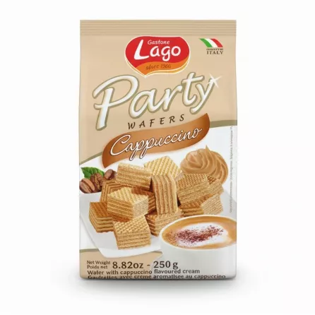 Lago Party Wafers Cappuccino front packaging with image of wafers and cappuccino