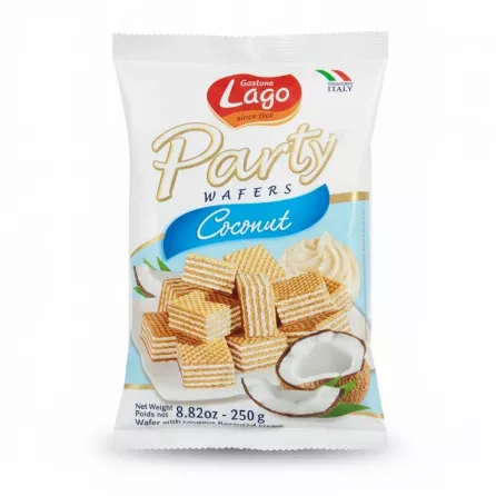 Pack of Lago Party Wafers Coconut flavour showing wafers with cream filling and coconut image