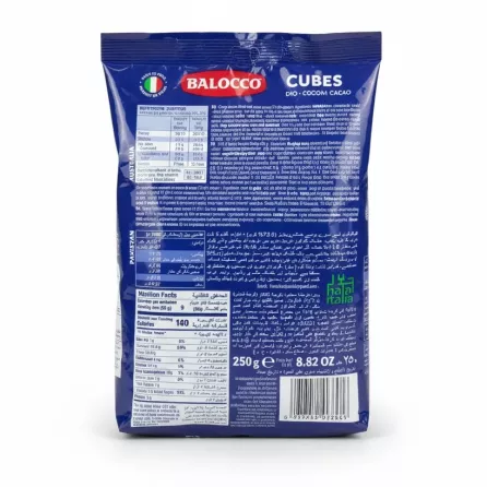 Back view of Balocco cocoa cubes showing nutritional facts and ingredients