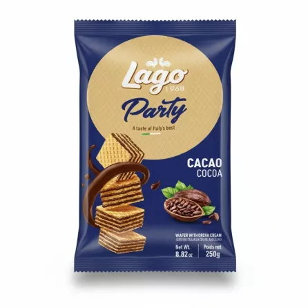 Lago Party Cocoa Wafer packet front showing wafers and cocoa illustration