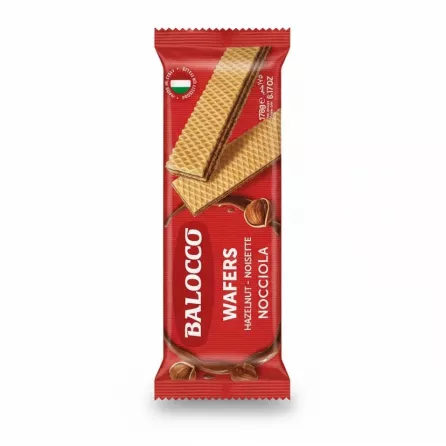 Balocco hazelnut wafer packaging showing wafer sticks on red background