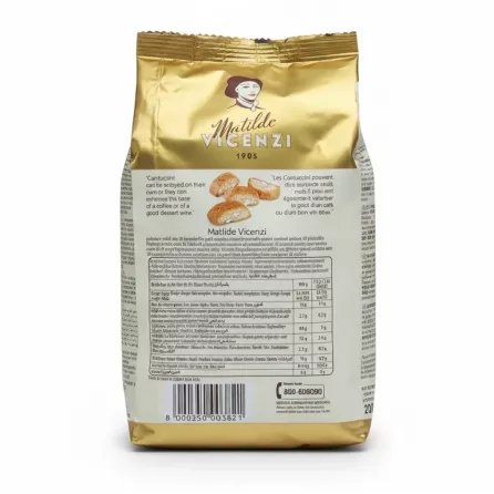 Back view of Matilde Vicenzi Cantuccini package showing nutrition facts