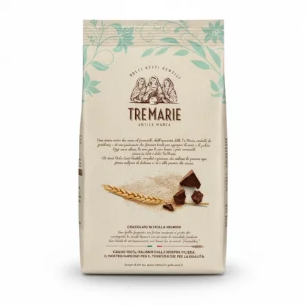 Back view of Tremarie biscuit pack with Italian product description and wheat with chocolate visuals