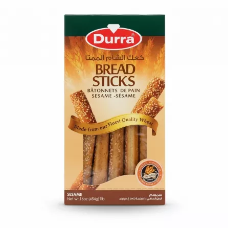Durra Sesame Bread Sticks packaging with visible bread sticks inside
