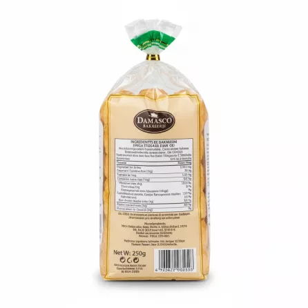 Backside view of Damasco Bakkerij Tea Sticks packaging with ingredients and nutritional info