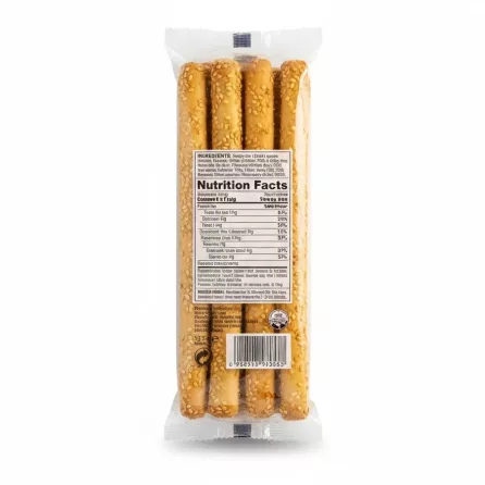 Faidon breadsticks with sesame seeds back packaging showing ingredients and nutrition