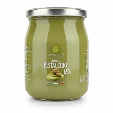 600g jar of Scyavuru 45% Pistachio Spread, green creamy nut spread in clear glass jar with silver lid