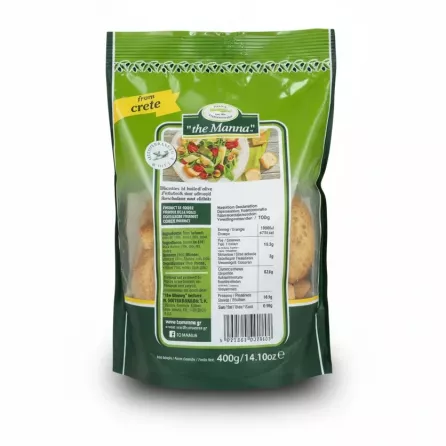 Back view of Tsatsaronakis wheat rusks with ingredients and nutrition details