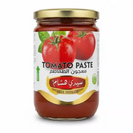 Sedi Hisham Tomato Paste glass jar front label showing ripe tomatoes