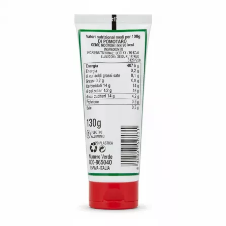 Back view of Mutti Doppio Concentrato Di Pomodoro tube showing ingredients and nutritional information