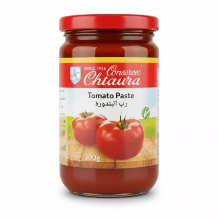 Chtaura brand tomato paste jar with red lid and fresh tomato images on label front