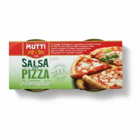 Close-up of Mutti pizza sauce packing with pizza image