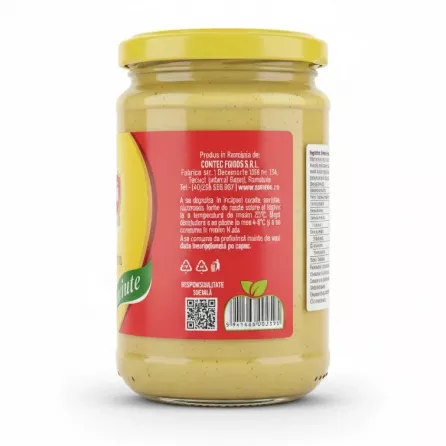 Back label of Olympia mustard jar showing nutritional info and ingredients