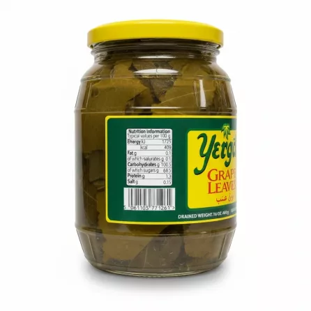 Nutrition label with energy and macros of Yergat grape leaves