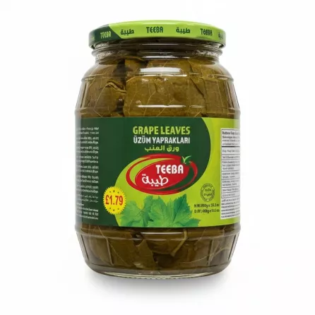 Jar of Teeba grape leaves with green label and lid