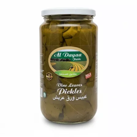Jar of Al Dayaa Fields Vine Leaves Pickles with white lid and green label