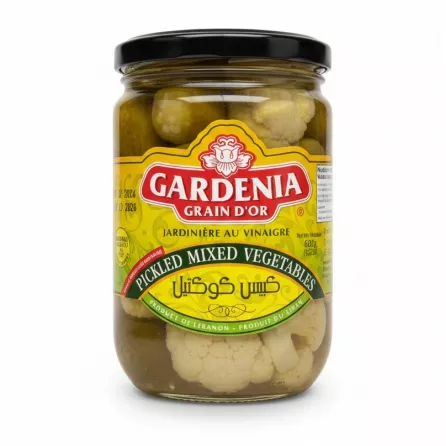 Jar of Gardenia pickled mixed vegetables with black lid showing front label