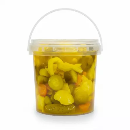 Transparent plastic tub filled with bright yellow mixed vegetable pickle