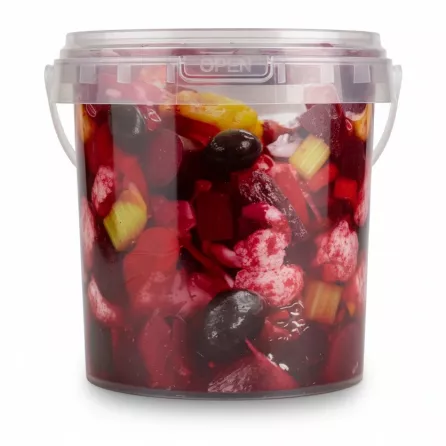Plastic tub of Batam Red Mix Pickle with colorful mixed vegetables inside