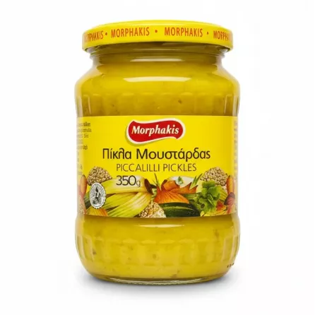 Glass jar of Morphakis Piccalilli Pickles with yellow label
