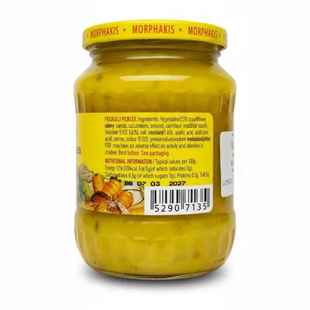 Back label showing ingredients and nutritional facts for Morphakis Piccalilli Pickles