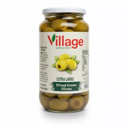Jar of Village brand extra large pitted green olives front view on white background
