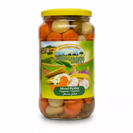 Jar of Green Gardens Valley Mixed Pickles with yellow lid showing assorted pickled vegetables