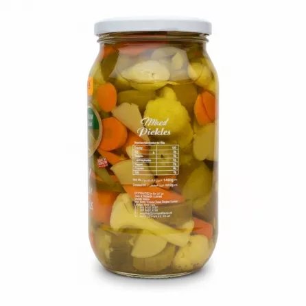 Jar of Al Dayaa Fields Mixed Pickles side view showing nutritional information