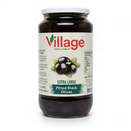 Village brand jar of extra large pitted black olives front label