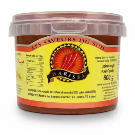 Container of Bled Harissa hot pepper paste with red chili graphic on label
