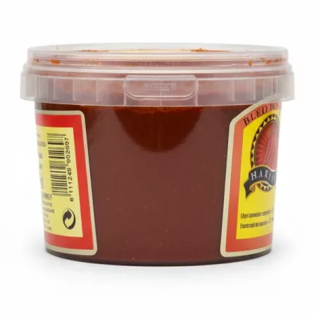 Side view of Bled Harissa paste showing barcode and product weight