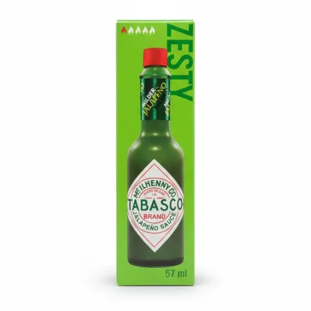 Tabasco Milder Jalapeño Sauce bottle in green packaging