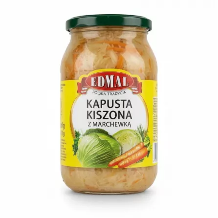 Jar of Edmal sauerkraut with carrot showing label and product inside