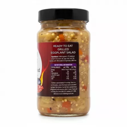 Back label with ingredients and nutritional information of Bodrum Grilled Eggplant Salad