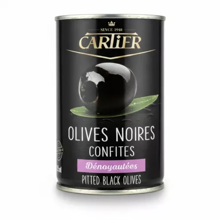 Tin of Cartier brand pitted black olives