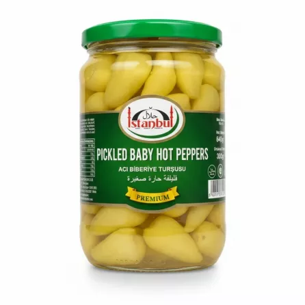 Jar of Istanbul pickled baby hot peppers with green lid