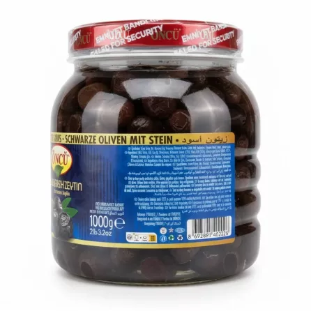 Back label of Öncü black olives jar with storage and product details
