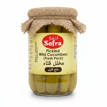 Jar of Sofra Pickled Wild Cucumbers in glass with jute cover