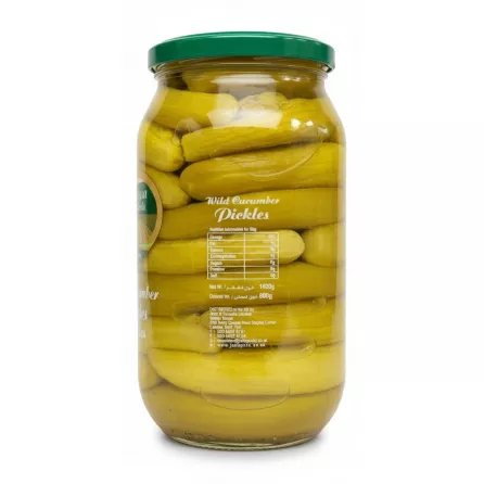 Back view of Al Dayaa Fields Wild Cucumber Pickles jar showing nutrition and contact info