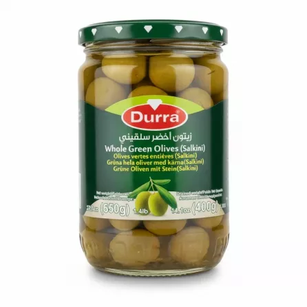 Jar of Durra Whole Green Olives Salkini with green lid