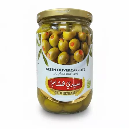 Jar of Sedi Hisham green olives stuffed with carrot pieces