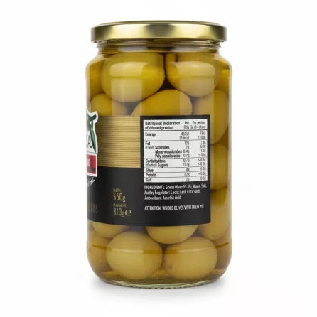 Back label with ingredients and nutrition of Ideal Green Chalkidiki Olives