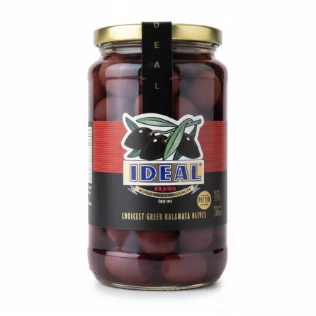 Glass jar of Ideal Brand Greek Kalamata Olives, pitted, in brine