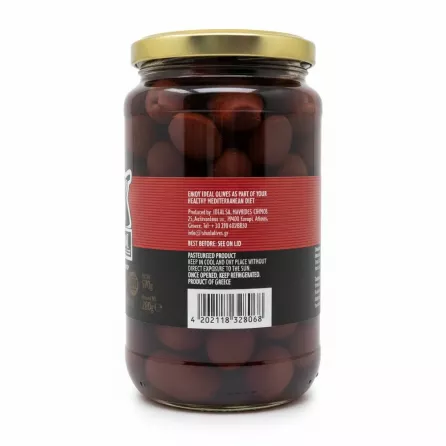 Back label of Ideal Brand Kalamata Olives with nutritional info
