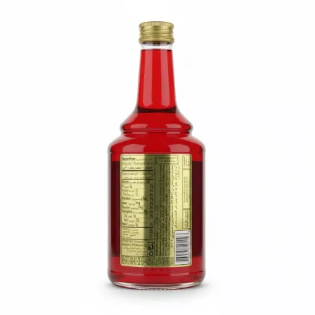Close-up of back label showing ingredients and barcode of grenadine syrup
