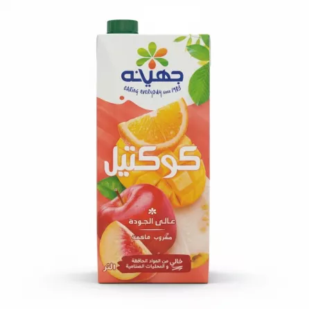 Juhayna Fruit Cocktail 1 litre carton back with Arabic text and fruit images