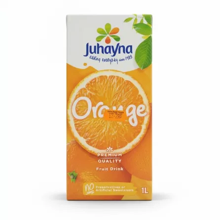 Juhayna orange juice package front with price sticker
