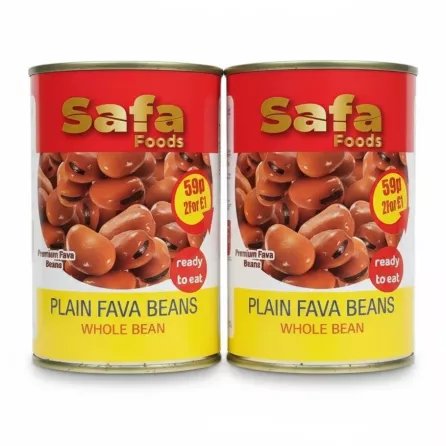 Twin tins of Safa Foods plain whole fava beans front label with twin offer price