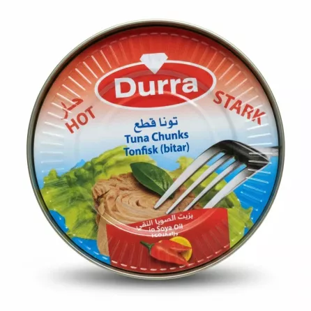 Top view of Durra Tuna Chunks Hot in Soya Oil can featuring red chilli graphic